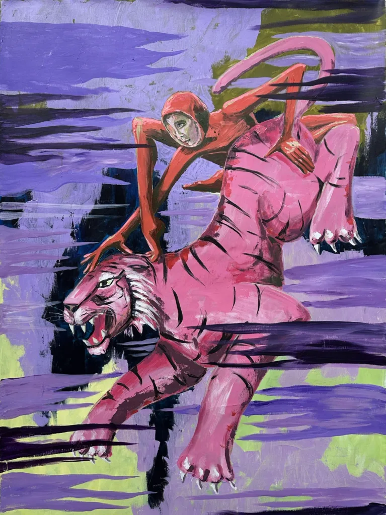 Serie Amor. Deseo: figura con capucha roja sobre un tigre rosa en fondo violeta
