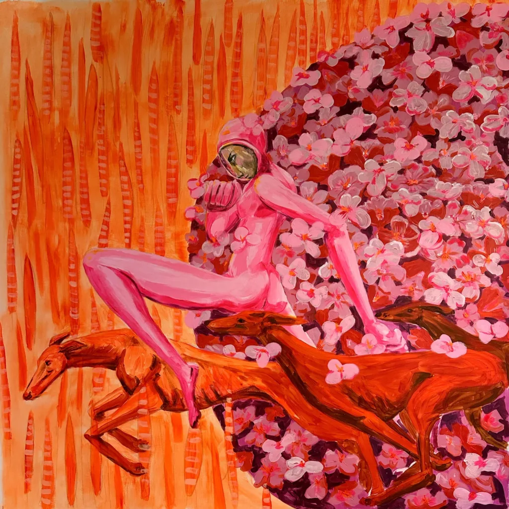Serie Amor. Furia: figura rosa sobre dos galgos entre flores, fondo naranja