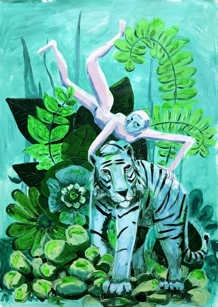 Figura blanca sobre un tigre azul verdoso entre hojas verdes